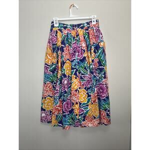VTG Liz Sport Petites Pleated Button Front Midi Skirt 12P Floral Tropical 80s